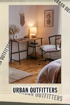 an advertisement for urban outfitters featuring two chairs and a desk with a lamp on it