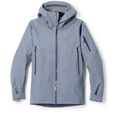 a light blue jacket with hood and zippers