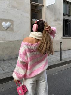 Glizm Pink / XS Olympia Knit Sweater 18$ TODAY ONLY Trendy Oversized Striped Sweater, Oversized Striped Cozy Sweater, Cozy Oversized Striped Sweater, Trendy Striped Soft Knit Sweater, Trendy Striped Chunky Knit Sweater, Oversized Striped Chunky Knit Sweater, Adrette Outfits, Sweater Preppy, Loose Fit Sweater