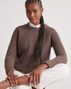 Say hi to our classic fisherman knit sweater in a lighter weight 100% organic cotton. With allover rib detailing, this sweater has the ideal vibe for chill days and evenings. The perfect layering piece to help transition from fall all the way through spring to throw on with a light silky skirt or your favorite jeans. Also offered in sizes 1X-3X.  | Quince | Women's Fisherman Crew Sweater in Heather Brown, Size Medium, Organic Cotton Fisherman Knit Sweater, Silky Skirt, Brown French, Heather Brown, Favorite Sweater, Organic Fabrics, Linen Blazer, Silk Skirt, Mock Neck Sweater