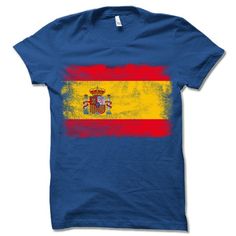 Spain Flag short-sleeve crewneck t-shirt. Printed in NJ, USA. Unisex Fit. Printed with eco-friendly water-based inks. Please refer to the size chart in the last image of the listing (laying flat measurements in inches). Due to the calibration differences between computer monitors, phone screens and tablets, the actual product color may vary slightly from what you are viewing. SHIRT FEATURES: - 4.2 oz., Solid color tees (red, white, blue, green) are 100% combed and ringspun cotton, 30 singles - A Flag Print Graphic Tee With Crew Neck, Graphic Tee With Flag Print And Crew Neck, Graphic Tee T-shirt With Flag Print And Crew Neck, Graphic Tee With Flag Print Crew Neck, Blue Flag Print Short Sleeve Shirt, Blue Short Sleeve Shirt With Flag Print, Spanish Flag, Spanish Flags, Spain Flag