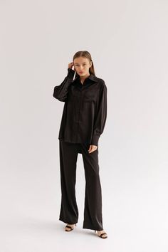 Cozy and comfortable silk pants suit for women is a perfect outfit for summer days. - silk wide leg pants - palazzo style - side pockets - elastic waistband - classic oversized shirt - front pockets - buttoned Silk wide leg pants of palazzo style and classic oversized silk shirt with collar and front buttons create an attractive and exquisite look. You can wear shirt and pants separately combining them with other pieces of clothing: jeans, other pants, crop-tops, etc. You will look stylish, fash Casual Satin Sets, Elegant Satin Daywear Set, Elegant Relaxed Fit Long Sleeve Sets, Elegant Relaxed Fit Daywear Sets, Casual Silk Sets With Long Sleeve, Casual Silk Long Sleeve Sets, Elegant Daywear Sets With Relaxed Fit, Elegant Long Sleeve Sets With Relaxed Fit, Elegant Long Sleeve Relaxed Fit Set