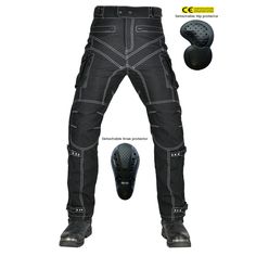 a pair of black motorcycle pants with knee pads on the bottom and one foot in the middle