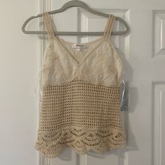 Brand New Embroidery And Knitted Tank Beige Cotton Crochet Top For Vacation, Cream Crochet Top With Open Knit V-neck, Spring Beige Lace Crochet Top, Beige Pointelle Knit V-neck Crochet Top, Fitted Knit Top With Lace Trim, Fitted Bohemian Knit Top, Beige Casual V-neck Lace Top, Fitted Bohemian Open Knit Top, Casual Beige Lace Top, V-neck