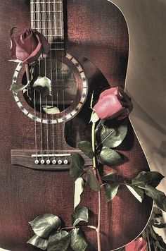 a black and white photo of a guitar with a rose on it