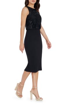 Achieve an elegant two-piece look with one-and-done ease via a chic cocktail dress cut in a fitted silhouette. 44 1/2" length (size Small) Hidden back-zip closure Jewel neck Sleeveless Lined 97% polyester, 3% spandex Machine wash, line dry Imported Fitted Two-piece Dress For Cocktail, Chic Bodycon Pencil Skirt For Party, Chic Evening Pencil Skirt, Bodycon Knee-length Evening Dress, Chic Fitted Two-piece Dress For Cocktail Occasions, Elegant Fitted Midi Length Pencil Skirt, Elegant Two-piece Party Dress, Chic Fitted Two-piece Cocktail Dress, Chic Fitted Two-piece Dress For Cocktail