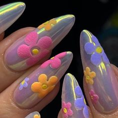 Groovy Nails by Bea 🌼 on Instagram: "ELECTRIC GROOVE ⚡️🌸 #nailart #nailsofinstagram #nailspo #naildesign #nailtech #explorepage #explore #longnails #detroitnails #ferndalenails #ferndale #detroit #michigannails #handpaintednails #apresgelx #apresnails #gelnails #gelxnails #sugarednails #chromenails" Watercolour Tattoos, 2023 Spring Nails, Spring Nails Ideas, Crome Nails, Nails Dip, Nails Yellow, Watercolor Tattoos, Beauty Nails Design