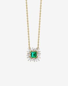 Suzanne Kalan Princess Emerald Spark Pendant in 18k yellow gold Elegant Green Baguette-cut Emerald Necklace, Elegant Green Baguette Cut Emerald Necklace, Emerald Cut Baguette Diamonds May Birthstone Jewelry, Emerald Cut Baguette Diamond Jewelry For May Birthstone, Elegant Emerald Necklace With Baguette Cut Diamond, Elegant Baguette Cut Diamond Emerald Necklace, Fine Jewelry Emerald With Baguette Diamonds, Timeless Radiant Cut Emerald Jewelry, Fine Jewelry With Baguette Diamonds And Emerald