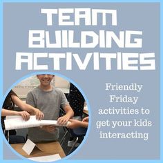 a poster with the words team building activities and two children working together on construction paper