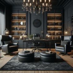 a living room filled with lots of black furniture