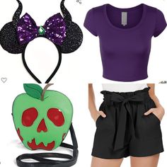 a woman wearing shorts and a purple shirt with an apple on it, next to a pair of minnie mouse headbands