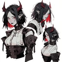 an anime character with red hair and horns on her head, wearing black leather clothes