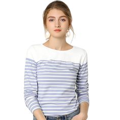 This contrast stripe T-shirt is a classic style for daily life. This piece is contrasted with a color block to fulfill your style statement from a boring all-over stripe top. It's cut from soft fabric that makes you feel comfortable day to night. These casual striped t-shirts match jeans, pants, skirts, or leggings freely, and they are perfect for daily wearing. Spring Cotton T-shirt With Striped Sleeves, Long Sleeve Tops With Contrast Stripes For Spring, Long Sleeve Tops With Horizontal Stripes For Summer, Long Sleeve Striped Tops For Summer, Long Sleeve Tops With Contrast Color For Spring, Casual Cotton Blouse With Striped Sleeves, Blue Striped Long Sleeve Top, Blue Horizontal Stripe Long Sleeve Top, Blue Horizontal Stripe Crew Neck Tops