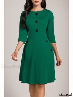 Olivia Mark - Solid Color Round Neck Dress with Seven-Quarter Sleeves, Button Closure and Waist Tie Holiday Maxi Dress, Mid Length Sleeves, Split Maxi Dress, Elegant Skirt, Solid Color Dress, Embroidered Skirt, Round Neck Dresses, Skirt Belt, Crewneck Dress