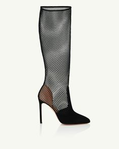 Theres no debate: our Brera Mesh Boots are the hottest shoe of the season. Expertly crafted from black suede, they have a softly pointed toe and a wide shaft crafted from see-through mesh that reveals peeks of skin. 105 mm stiletto heels complete this simple yet striking pair. Farfetch Shoes, Mesh Boots, Wedding Guest Bags, Aquazzura Shoes, Hot Shoes, Day Bag, Pump Sandals, Leather Care, Suede Heels