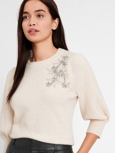 Embellished Sweater Diy, Styles For Living Room, Sweater Diy, Embellished Sweater, Sweater Cropped, Puff Sleeve Sweater, High Rise Style, Sweater Wool, High Waist Fashion