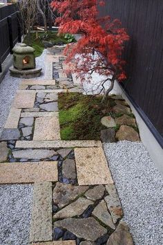 a small garden with rocks and plants in it, along with a stone path that leads to an outdoor fire pit