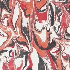 an abstract painting with red, black and white colors on it's surface is shown