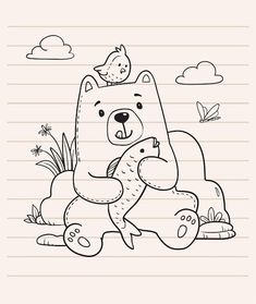 a bear with a bird on its back sitting in the grass and holding an animal