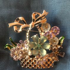 New Anne Klein Brooch Spring Accent/ Basket With Flower Your Purchase Will Help Me! Spring Brooch Pins As Gifts, Gold Brooches For Spring Gift, Elegant Spring Gift Brooches, Basket With Flowers, Jewelry Brooch, Jewelry Picture, Flower Basket, Jewelry Vintage, Silver Blue