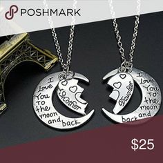 Eternal Mother+Daughter Necklace Set Half Heart Mother & Daughter Half Heart I Love You To The Moon And Back Charm Necklace Set   Includes both necklaces shown  Remind your daughter that she will always have your love and support with this word  Charms are made of Alloy and stainless steel.  Moon charm measures 1" long  Link chain measures 18" long and has a lobster clasp closure  Ships in a gift bag perfect for giving  Handmade with quality charm rings to prevent against charm lo Jewelry Neckla Mom Daughter Necklace, Mother Daughter Necklaces Set, Hello Kitty Earrings, Half Heart, Mother Daughter Necklace, Necklace Quotes, Quartz Crystal Pendant, Back Necklace, Daughter Necklace