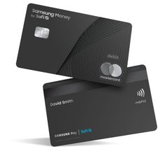 two samsung credit cards sitting next to each other