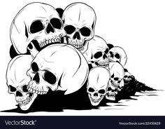 a bunch of skulls sitting on top of each other in front of a white background