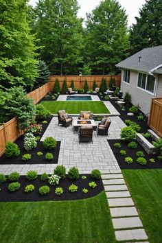 an outdoor patio with seating and landscaping in the back yard, surrounded by green grass