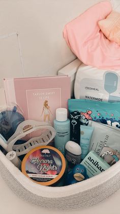 a white basket filled with personal care items