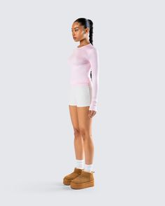 Chill vibes only ☁️ Featuring a pink jersey long sleeve top and a pair of cream rib shorts - this cute and casual two-piece set is the perfect look for lounging around while still serving a look 💕 Pink Jersey, Chill Vibes, Jersey Long Sleeve, Ribbed Shorts, Cargo Pant, Shoe Collection, Long Sleeve Top, Jumpsuit Dress, Print Dress