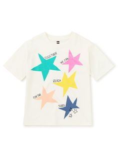 Reach for the stars and beyond in this playful tee. This colorful constellation will go with so many bottoms, from skirts to shorts, and more. Drop shoulder, easy fit. 100% soft cotton jersey. Summer Cotton T-shirt With Star Patch, Graphic Tee With Star Logo For Summer, Summer Graphic Tee With Star Logo, Summer Star-shaped Graphic Tee, Summer Star Shaped Graphic Tee, Cotton T-shirt With Star Print For Summer, White Summer Tops With Star Logo, Cotton T-shirt With Star Patch For Summer, White Summer T-shirt With Star Patch