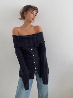 Knit Sweater With Off Shoulder on Luulla Black Off-shoulder Knit Top For Fall, Oversized Off-shoulder Fall Sweater, Black Off-shoulder Sweater For Fall, Chic Oversized Off-shoulder Sweater, Winter Off-shoulder Sweater, Black Off-shoulder Sweater For Spring, Trendy Off-shoulder Knit Sweater, Chic Off-shoulder Fall Sweater, Fitted Off-shoulder Winter Sweater