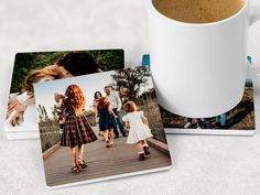 three square coasters with photos of people walking on a boardwalk and a coffee mug