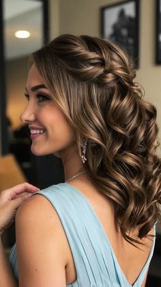 #fashion, #style, #haircare, #beauty Bridesmaid Simple Hairstyles, Cute Open Hair Hairstyles, Open Hair Styling, Hairstyles For Weddings Bridesmaid, Bridesmaid Hair Brunette, Light Brown Hair Styles, Easy Mom Hairstyles, Cottagecore Inspiration, Brown Hair Styles