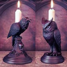 two pictures of an owl statue with a candle