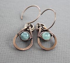 Aquamarine Dangle Earrings, Copper Earrings, March Birthstone, Metal Earrings, Blue Earrings, Gift for Her, Gemstone Earrings ER017 - Etsy Copper Jewelry Diy, Wire Jewelry Earrings, Wire Jewelry Patterns, Wire Wrapped Stone Jewelry, Wire Wrap Jewelry Designs, Wire Jewelry Making, Wire Jewelry Designs, Diy Wire Jewelry, Wire Work Jewelry