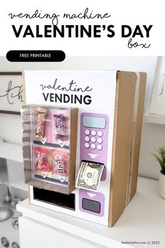 a valentine's day vending machine with money in it and text overlay