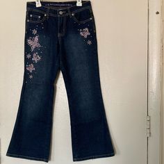 Arizona Jean Company Stylish Pink Jewels Butterfly Dark Blue Regular Straight Juniors Size 8 Jeans Worn Once The Bottoms Are A Little Bit Scuffed But It Looks Like It’s Part Of The Jeans Butterfly Jeans, Pink Jewels, Pink Jeans, Dark Jeans, Arizona Jeans, Blue Butterfly, Jeans Brands, Fancy Dresses, Colored Jeans