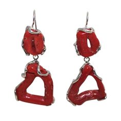 Italian Double Branch Red Coral Earrings. Metal: Sterling Silver. Stones: Italian Coral. Color: Dark Coral. Length: 55mm. Red Coral Earrings, Gold Baroque, Cameo Earrings, Baroque Pearl Earrings, Coral Earrings, Red Jewelry, Earrings Metal, Crown Jewels, Coral Turquoise