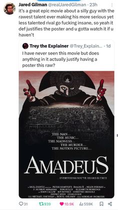 the movie poster for amadeus is posted on twitter