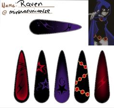 Raven Teen Titans Go Inspired Nails, Raven Nail Art, Raven Inspired Nails, Raven Nails Designs Teen Titans, Raven Nails Designs, Mitsuri Inspired Nails, Nightwing Nails, Arcane Nails Design, Anime Nails Designs