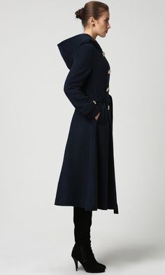 Dark Blue Wool Women’s Winter Coat. Military Style Coat - Blue Coat - Wool Jacket - Long Wool Coat - Women’s Jacket (1114) Hooded Pea Coat For Workwear, Hooded Pea Coat With Buttons For Workwear, Blue Double-breasted Wool Coat With Button Closure, Long Pea Coat With Button Closure, Double-breasted Wool Coat With Buttons For Winter, Double-breasted Wool Coat With Extra Button For Winter, Double-breasted Winter Peacoat With Buttons, Long Wool Coat With Button Closure, Long Wool Pea Coat With Buttons