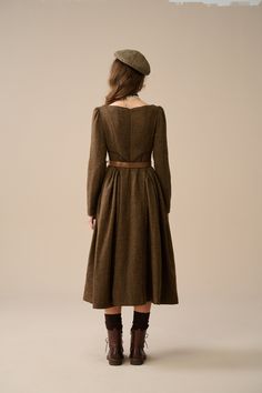 Long Sleeve Dark Academia Dresses For Fall, Dark Academia Long Sleeve Dresses For Fall, Formal Winter Wool Dress, Formal Wool Dress For Winter, Fall A-line Tweed Dress, Fitted Midi-length Tweed Dress For Fall, Winter Wool Tweed Knee-length Dress, Winter Wool Tweed Dress Knee-length, Fitted Wool Dress For Fall