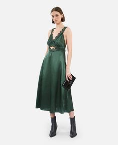 Long green slip dress with guipure | The Kooples - US V-neck Lace Bodice Dress For Date Night, Satin V-neck Dress With Lace Bodice, Elegant V-neck Slip Dress With Lace Back, Chic Lace Slip Dress With Lace Back, Chic Lace Trim Backless Slip Dress, Chic Backless Slip Dress With Lace Trim, Chic Backless Slip Dress With Lace Back, Formal Lace Slip Dress With Lace Back, Fitted V-neck Slip Dress With Lace Back