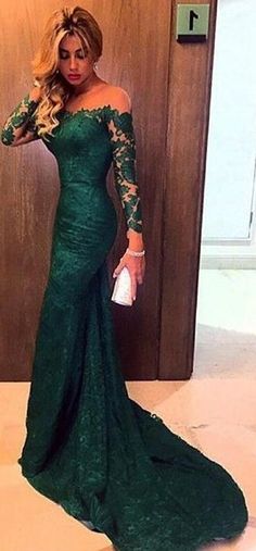 Sukienki Maksi, Mermaid Prom Dresses Lace, Prom Dresses Long Lace, Chique Outfits, Cheap Evening Dresses, Long Sleeve Prom, Lace Prom Dress, Wardrobe Classic, Green Prom Dress