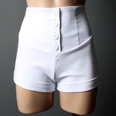 Material: 75% Rayon 21% Nylon 4% Spandex Dimensions: Size S: Total Length: 12.5" Rise: 11.5" Waist 24" High-waisted Solid Shorts With Buttons, Solid High-waisted Buttoned Shorts, Solid Color Buttoned High-waisted Shorts, Solid Color High-waisted Shorts With Buttons, Fitted Bottoms With Short Inseam In Solid Color, Fitted Bottoms With Button Cuffs For Spring, Fitted Solid Bottoms With Button Closure, Short Length Bottoms With Buttons For Work, Fitted Workwear Bottoms With Short Inseam