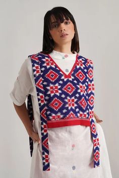 Shop for Indigo Dreams Multi Color Olympia Jamdani Tunic Telia Vest Set for Women Online at Aza Fashions Red Trousers, Vest Set, Tunic Length, Blouse Length, Floral Motifs, Set For Women, Aza Fashion, Fashion Set, Olympia