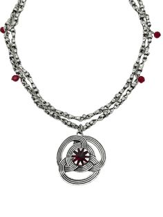 Now is your chance to have your very own piece of dragon steel! This exquisite Rhaenyra necklace features a unique hand crafted chain with 4 dangling blood red crystals. The knotwork pendant has a large red crystal in the center surrounded by serrated teeth. Necklace is created to double wrap at 18 inches. Pendant measure 1 5/8 in diameter and is slightly larger than original to better showcase its features. Rhaenyra Necklace, Teeth Necklace, Necklace Dragon, Dragon House, Dragon Necklace, Ribbon Necklace, Blood Red, Red Crystals, Phoenix Az