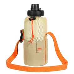 a water bottle with an orange strap around it