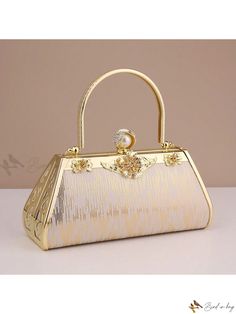 Bird in Bag - Exquisite Rhinestone-studded Golden Evening Bag: A Luxurious Pearl Metal Clutch for Elegant Ladies – Perfect for Proms, Dinners, Weddings, and Special Occasions White Rectangular Evening Bag For Banquet, Luxury Portable Bag For Formal Occasions, Gold Luxury Evening Bag For Banquet, Luxury Gold Evening Bag For Banquet, Elegant Gold Handheld Bag, Elegant Gold Rectangular Shoulder Bag, Gold Shoulder Bag For Formal Occasions, Embellished Clutch For Banquet, Glamorous Wedding Bags With Pearl Handle